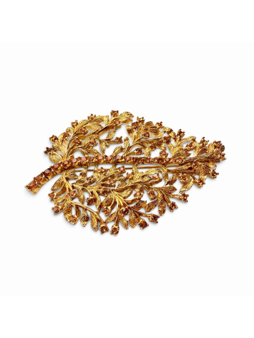 Vintage Coro Thailand Amber Rhinestone Floral Leaf Brooch Gold Tone Statement - Picture 8 of 8
